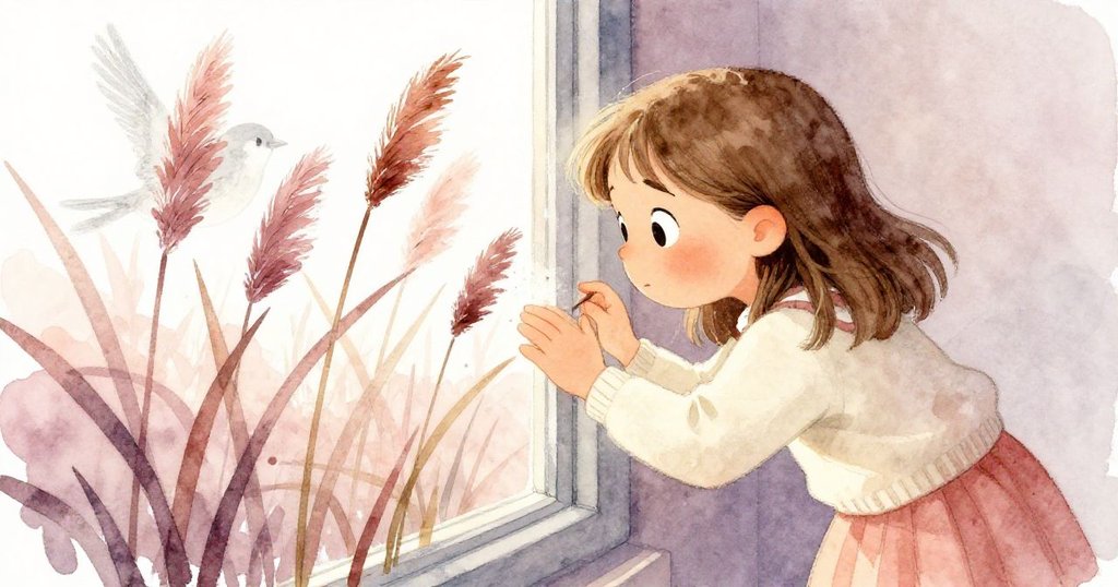 Kira彎腰近窗以指尖重塑污痕成高聳蘆葦，鳥圖漸淡，展現創意與堅韌最終和解。