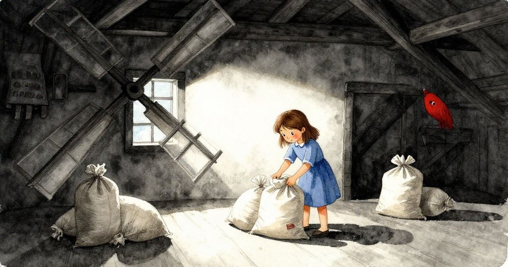 在風車內部早晨微光下，Gemma忙著整理麵粉袋，留下清晰的綁繩痕跡，環境質樸且充滿細節。