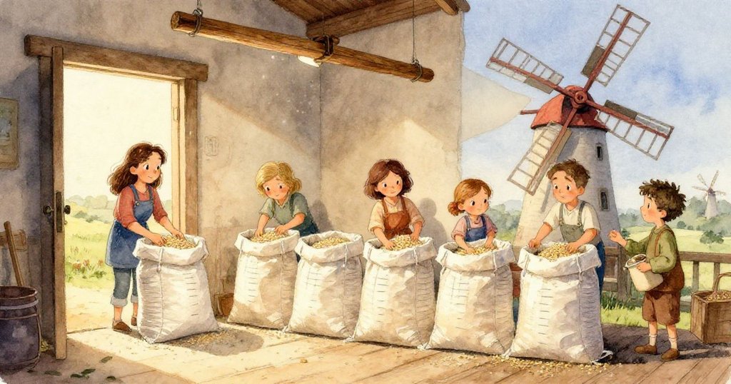 近距離展示一個木製舀子掉入麵粉槽，邊緣覆滿白色麵粉，光影細節豐富，呈現忙碌中片刻的混亂與靜謐。