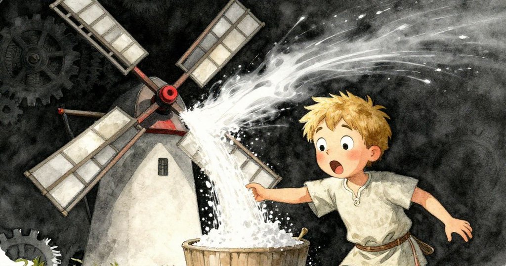 風車內景動態展現：風捲起轉動的風帆，機械齒輪發出響聲，Lyle驚訝注視濃厚麵粉流入大桶，氣氛緊張而充滿能量。