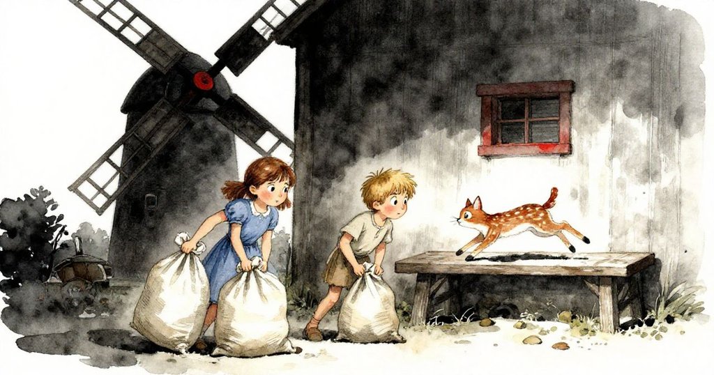 在麵粉混亂中，Gemma著力搬運帆布袋，Lyle急忙取下下一個袋子，Fawn活潑躍上工作台，場景充滿動感與溫馨互動。