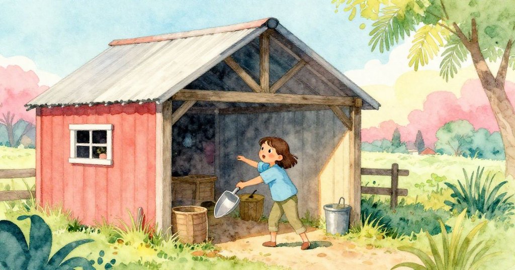 瑪倫在鄉村農場的陰影棚旁輕觸溫暖金屬穀具,晨光斑駁映射建築與大地,充滿期待與淡定情緒。