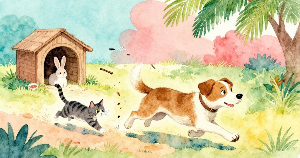 農場熱鬧中犬隻追逐靈巧小貓,歪曲視角捕捉飛舞木棍與散落羽毛,展現童趣與輕快動感。