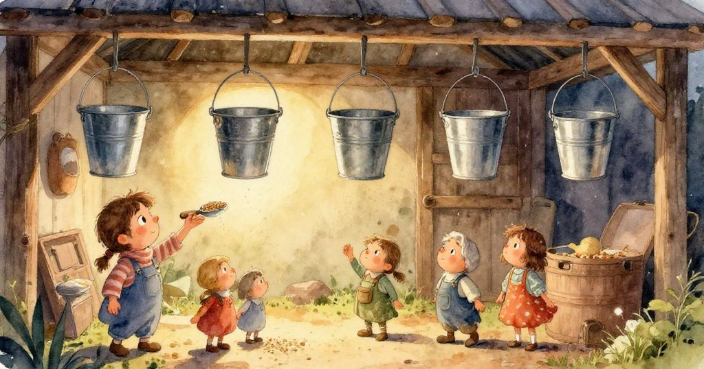 低視角下露水潤澤的農場,倒置的桶旁散落穀粒中兩隻山羊穿梭,濕潤土地映出柔和光影。