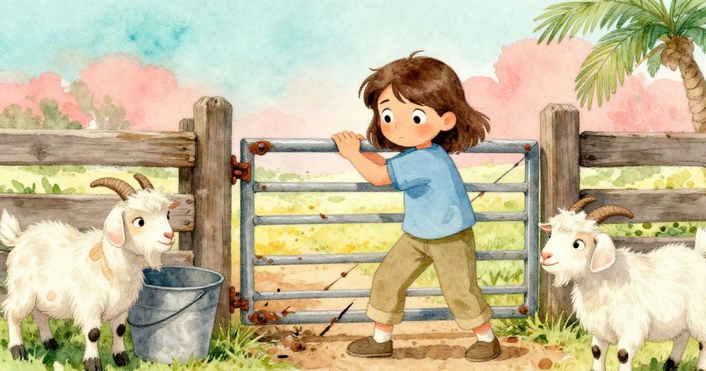 瑪倫努力解決生鏽大門困境,面露堅毅神情,周圍山羊焦躁,重桶映襯老舊圍欄,農場氣息濃厚。