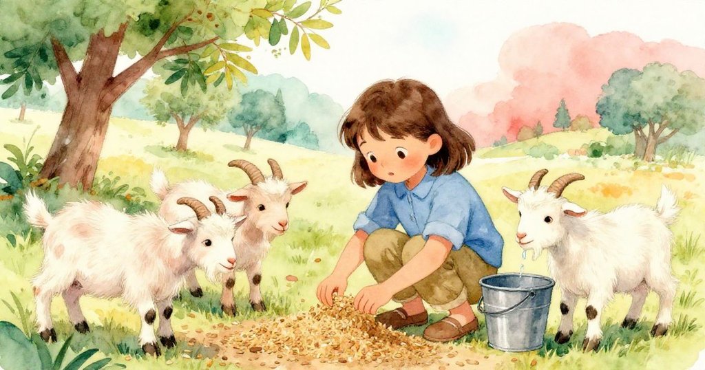 瑪倫蹲身於飼槽旁細心掃拭散穀,山羊安靜咀嚼,桶中微滴映出晨間沉靜農場故事結尾。