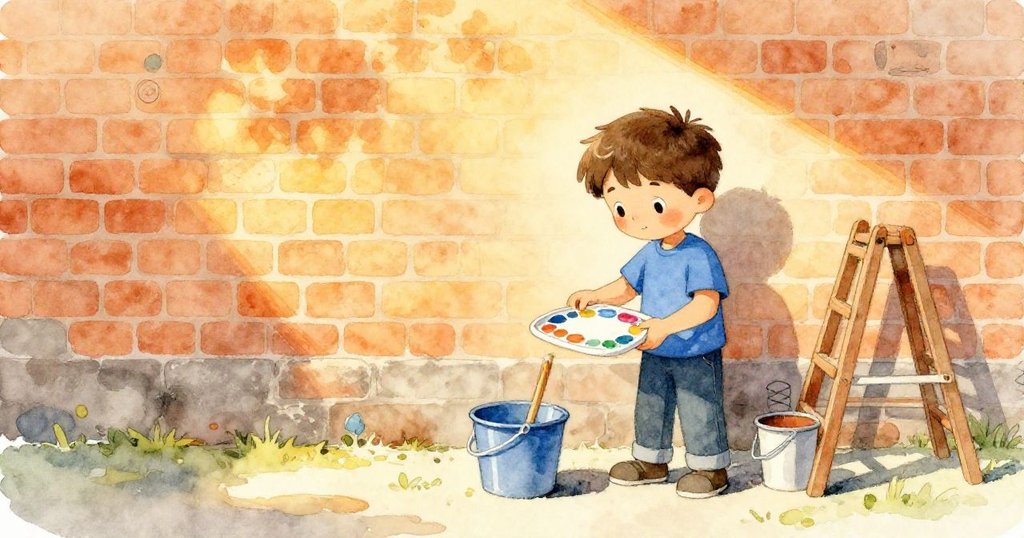 特洛在晨光中整理顏料、梯子和桶子，背景是充滿活力的磚牆與自然光線，展現出熱情和期待的心情。