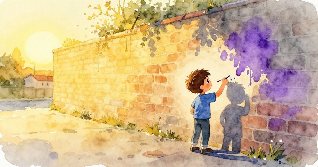 隨著夕陽下滑，特洛在乾燥的磚牆上繼續繪製，畫面呈現溫暖金黃光影與漸變質感，他專心完成創作。