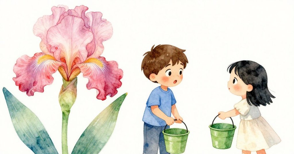 特洛發現壁畫上花瓣顏色異變，臉上流露驚訝與焦慮，旁邊的哈娜拿著綠色水桶，兩人互動充滿動感。