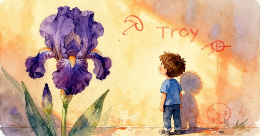 在夕陽餘暉中，特洛滿懷欣慰地凝望著他完成的壁畫，一朵深紫色的鳶尾花與紅色粉筆痕跡交織出寧靜與成就感。