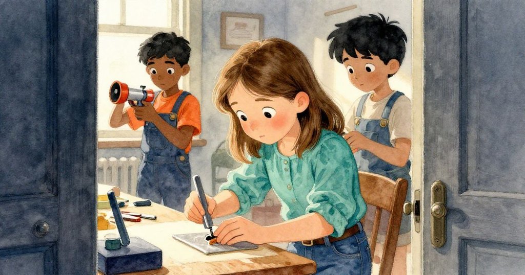 透過半開的門觀察,從旁看見 Tamsin 低頭專注檢視小工具,背景中 Ulric 正忙於調整設備,神情專注。