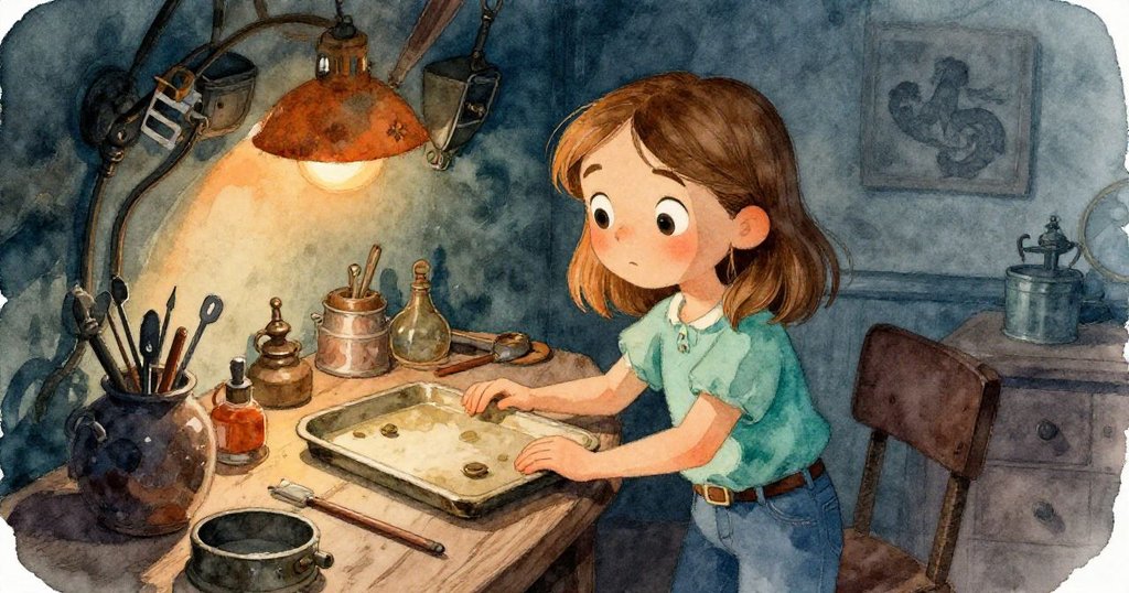 在隱蔽角落發現秘密工作台,Tamsin 輕觸舊物,神秘與期待氛圍交融,散發探索精神。