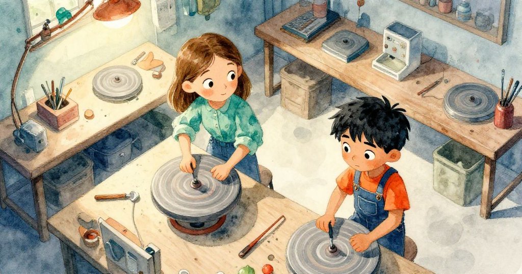 從高處俯瞰整個空間,展示轉動碟盤與工作台,Tamsin 與 Ulric 的努力在宏大場景下顯得渺小而堅定。