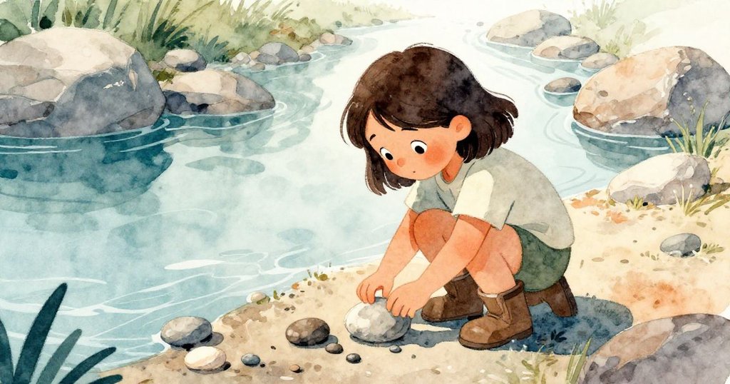 Rosa正蹲在明亮的河堤上，注視著平靜流水與散落的卵石，神情專注且溫柔，場景開啟她準備建堤的故事。