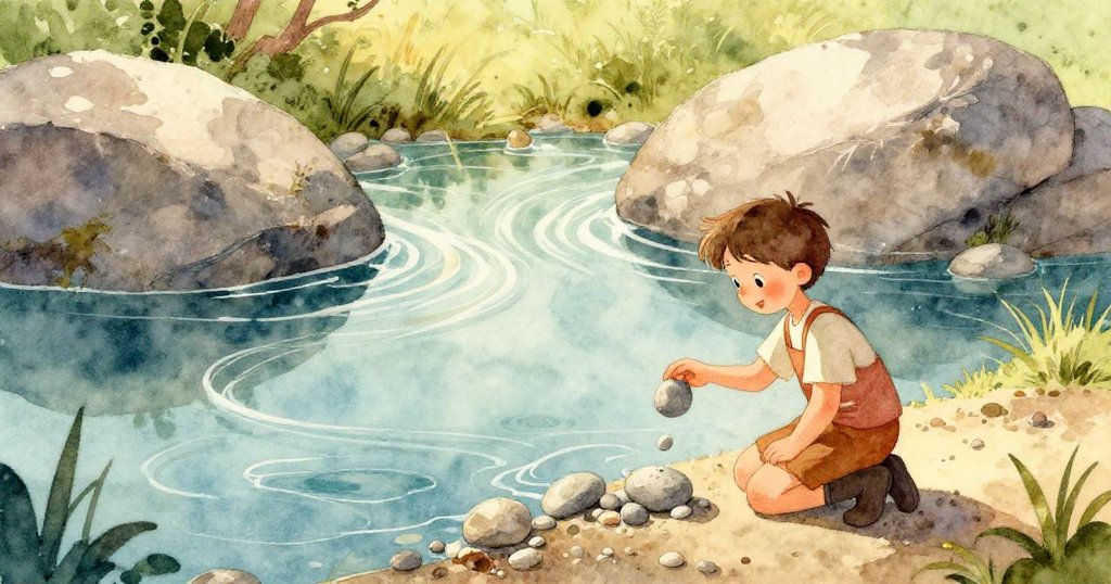 Rosa面帶專注與輕微憂慮的表情，手中把玩著一塊滑順的石板，背景隱約展現出自然河岸，呈現故事發展的初期。