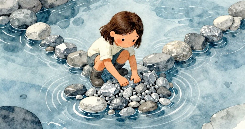 從上方俯視，Rosa正小心地排列銀色頁岩石塊搭建堤壩，水流呈現同心漣漪，展示故事關鍵發展階段。