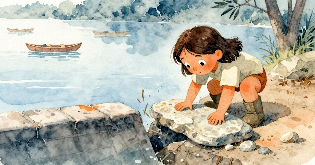 Rosa正專注地將一塊石板滑入堤壩缺口，水流與細小樹枝輕輕飄過，展現出從準備到施工的關鍵轉變。