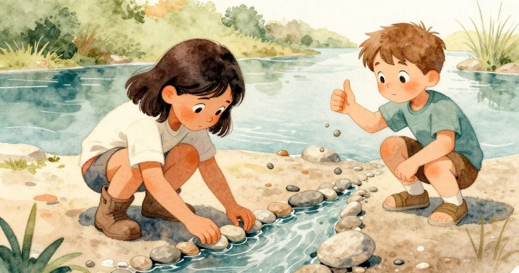 Seth在背景輕輕甩出小石子並豎起大拇指，而Rosa正細心調整輕石碎片，呈現出故事關鍵決策和合作的瞬間。