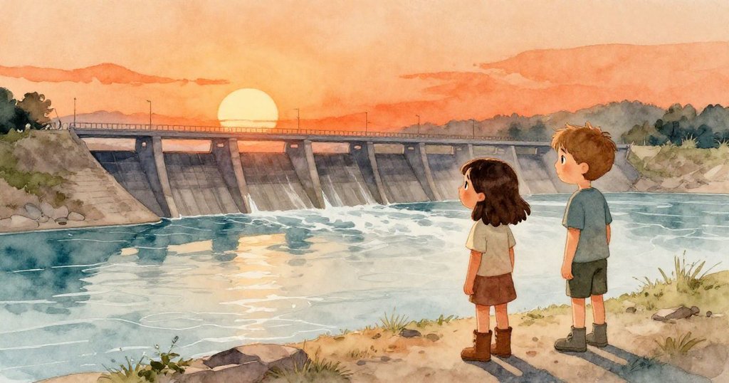 黃昏時分，Rosa與Seth站在半建堤壩旁，欣賞著金色夕陽下銀光閃爍的水流，滿懷寧靜的成功感與溫暖的落幕情緒。