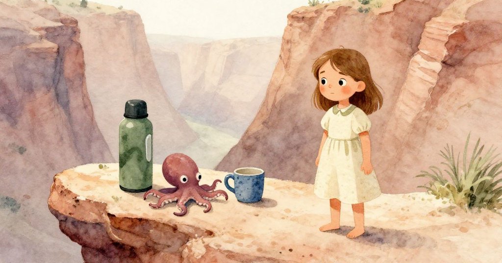 奧黛特在晨霧中砂岩露臺前注視綠色熱水瓶、藍斑陶瓷杯和橡膠章魚,神情堅定,展現大自然清晨的寧靜序幕。