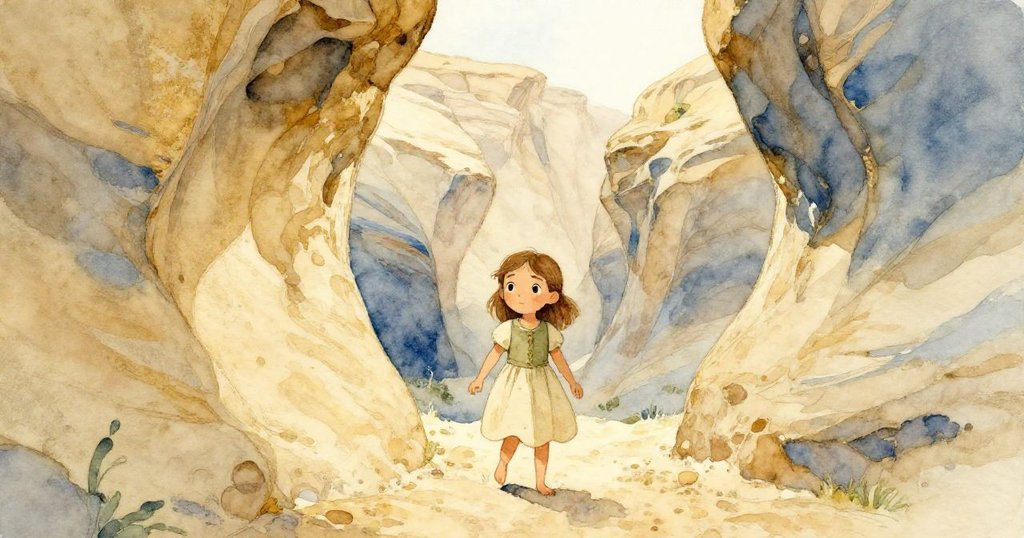 奧黛特邁向凹陷的砂岩牆準備耳語,背景廣闊空曠,展現她專注探索回聲的靜謐情景。