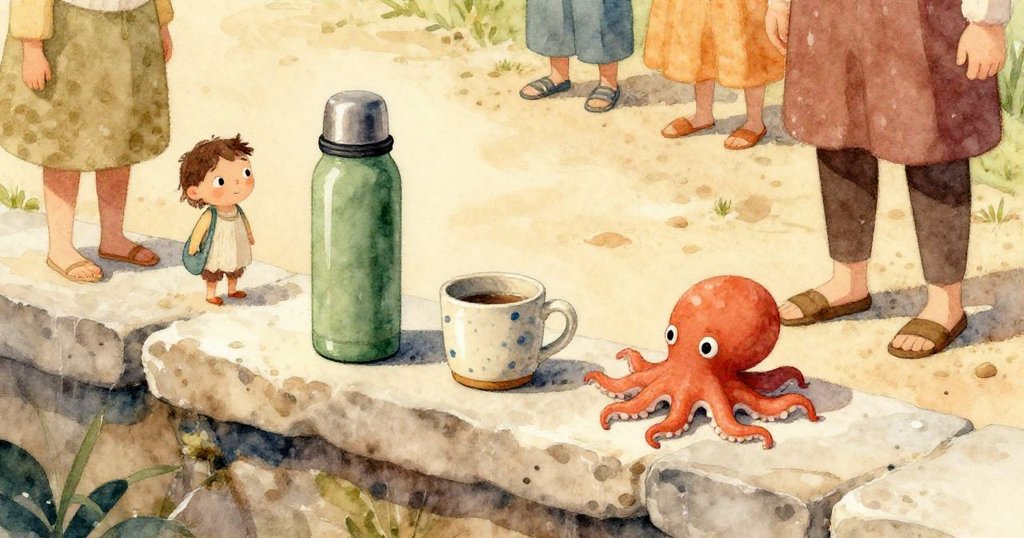 以高角度俯視,奧黛特輕敲砂岩露臺,腳步與熱水瓶、陶瓷杯和章魚互動,營造出實驗回聲的精緻場景。