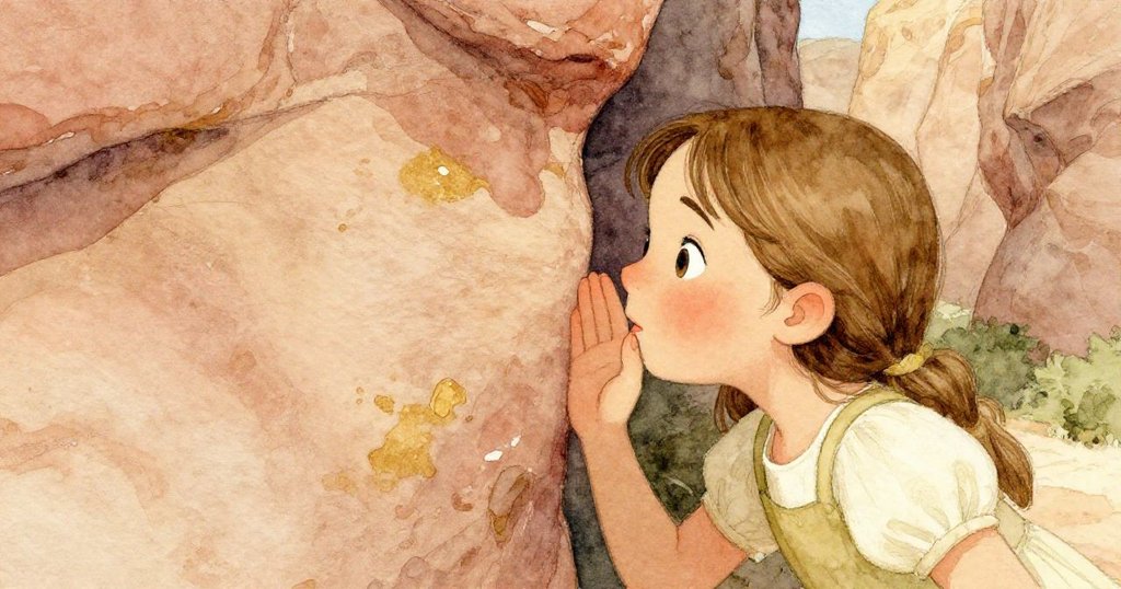 奧黛特在隱密石壁前低語,鏡頭近距離捕捉她專注表情與手勢,細緻呈現石紋與微風低語之秘密。