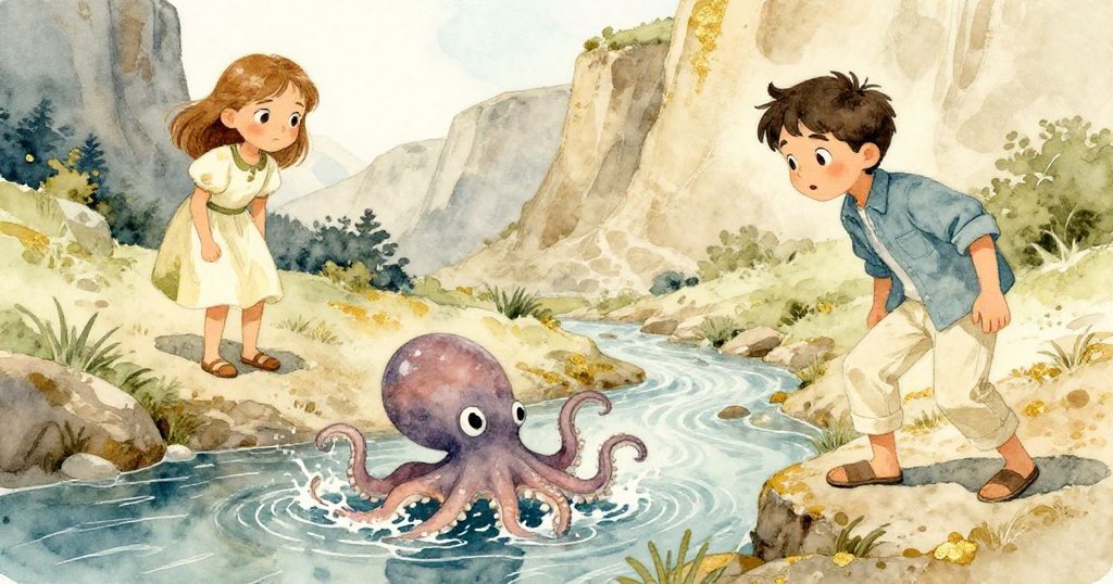 沃倫在淺溪中戲水潑起橡膠章魚,奧黛特熱切注視,兩人互動中展現探索回聲的活潑情景。