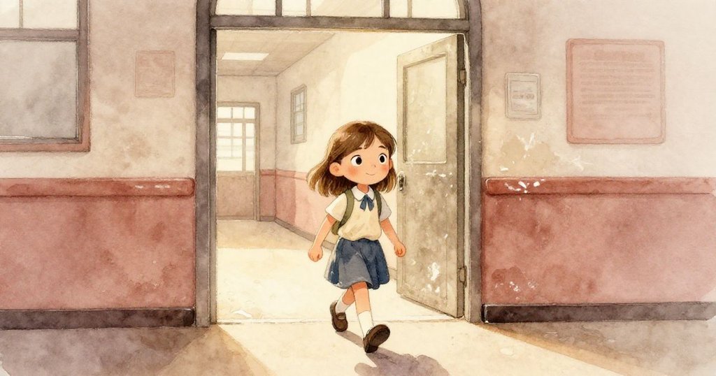 諾拉穿過散落著膠水碎屑與粉筆灰的溫暖走廊,邁向半開倉櫃門,表情既好奇又堅定,環境充滿古典光影。