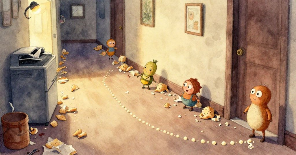 諾拉的手輕觸滿塵埃的金屬門邊,細緻呈現微微展開的清晰膠帶,畫面呈現動作與質感的細膩近拍。