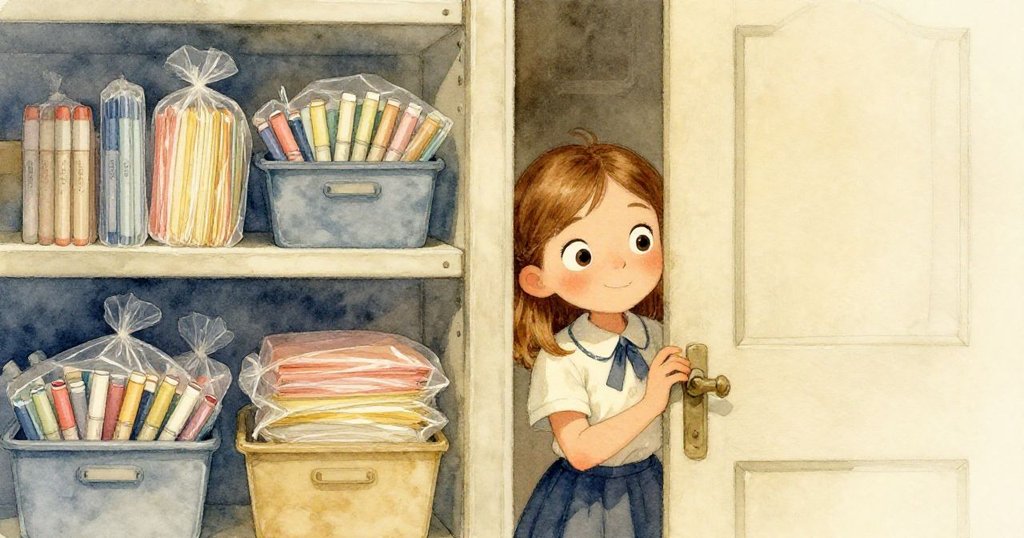 諾拉從半開門內探頭望向排列整齊的彩色紙堆與高高記號筆容器,層次分明充滿好奇與探索氛圍。