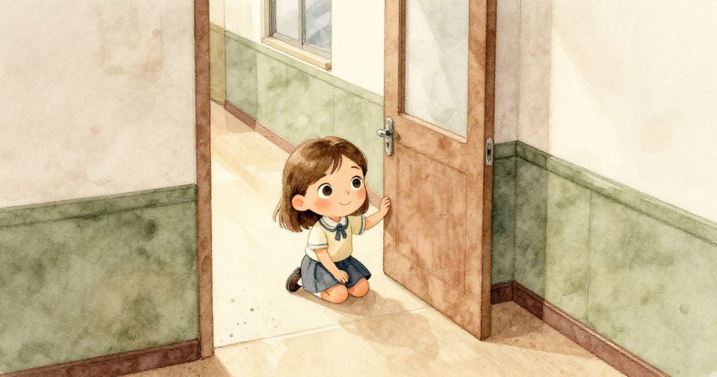 從高處俯瞰古舊走廊,諾拉在半開門前跪著試圖推動門板,畫面呈現溫柔光影與努力細節。