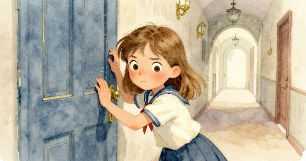 諾拉用肩膀堅定推著顫動的門板,表情專注展現努力與掙扎,空中細塵隨動作飄散,氛圍緊張。