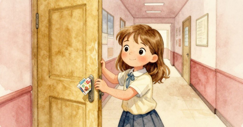 諾拉終於從半閉門隙中取出彩色夾裝,臉上滿溢滿足與輕鬆笑容,走廊溫暖燈光映襯出勝利後的靜謐氛圍。