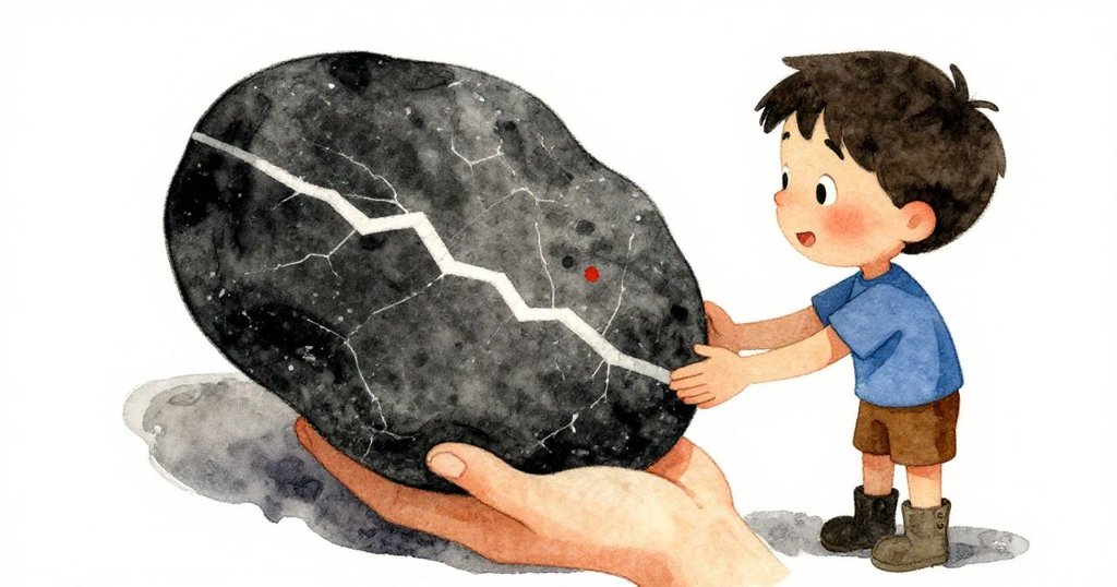 布雷克細緻檢視帶有白色閃電紋理的石塊，專注表情中呈現出探求平衡的堅持與好奇。