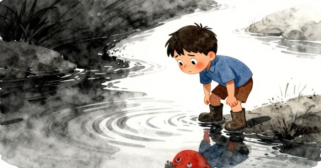 布雷克站在溪邊，仔細觀察水面的倒影，反映出他專注努力放慢湍流的堅定決心。