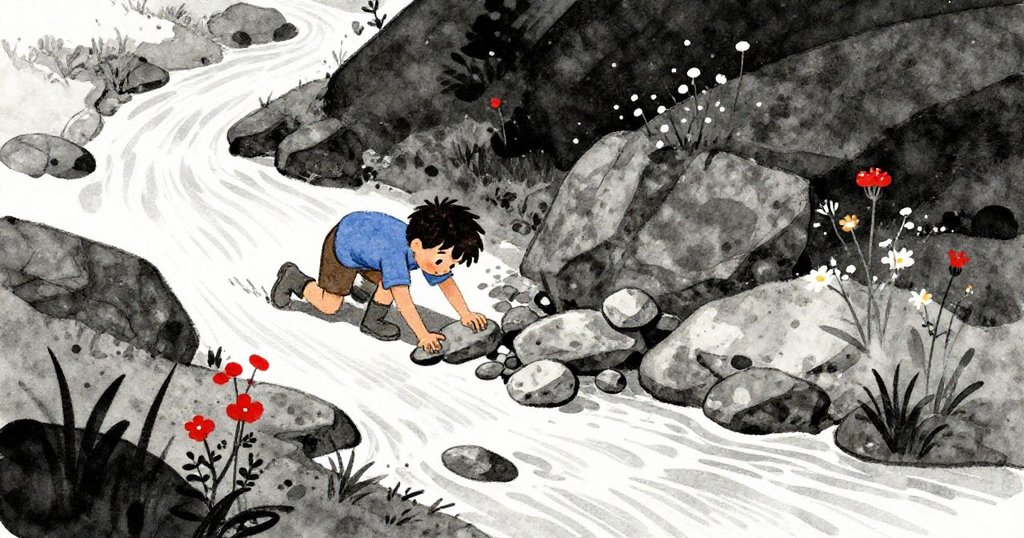 布雷克在戶外岩石區域努力爬行取石，周圍散佈野花與陰影，展現出堅毅的冒險精神。