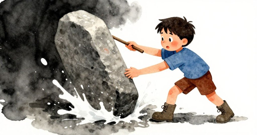 布雷克在激烈瞬間用木棍固定石板，水花四濺，神情集中展現對抗湍流的緊張與細膩。