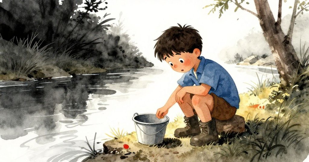 布雷克完成工作後站在平靜溪邊，手邊空水桶映襯出他釋然滿足的表情，溫暖光影中含別離情緒。