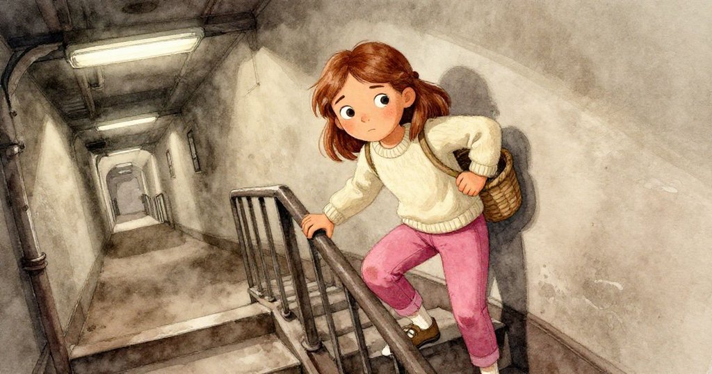 萊恩在昏暗樓梯上攀爬,手抱籃子,金屬扶手映著閃爍燈光,神情堅定展現挑戰開始。