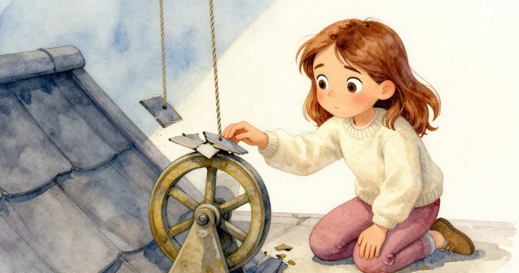 萊恩俯身檢查屋頂滑輪,輕觸卡住的瓦片,眼神嚴肅兼具決心,呈現專注與小小憂慮的表情。