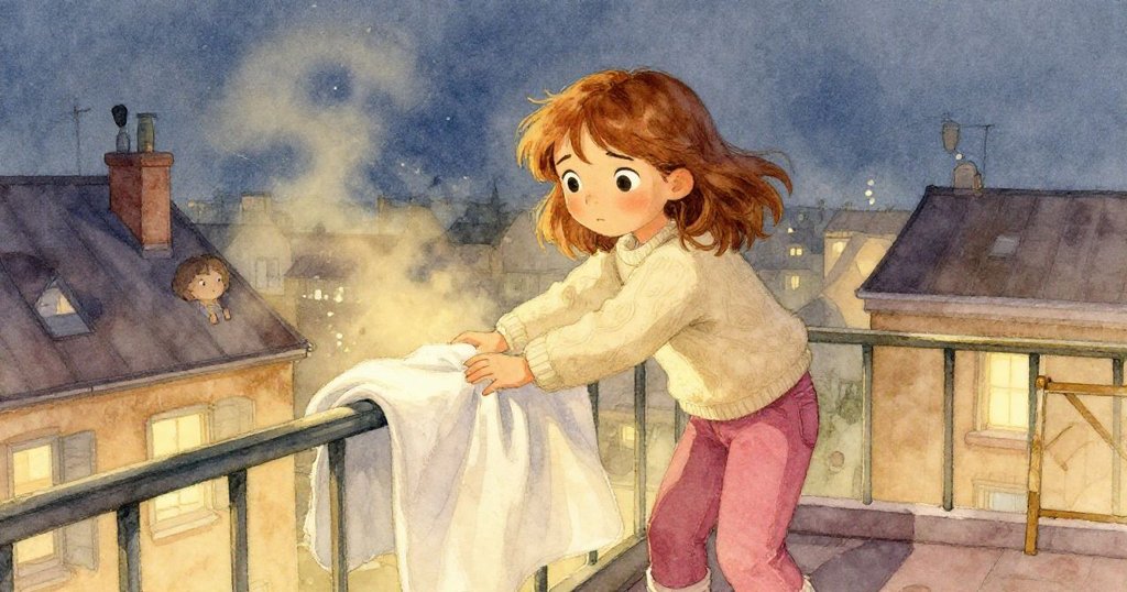 從小鳥視角看見萊恩於屋頂陽台上鋪展濕布,外界微光與灰塵交織,動作輕盈且專注。