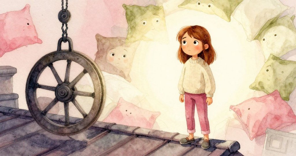 萊恩站在屋頂上,身邊暗影滑輪與明亮鋪展的濕布交織,象徵現實困境與希望並存,表情沉思。