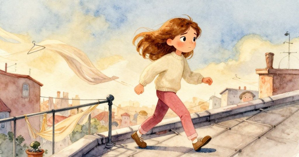 萊恩在午後屋頂上有節奏地行走,掛衣夾與布料留下一道道柔和動感軌跡,神情中透露著穩健與希望。