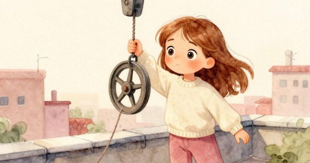 萊恩在屋頂上輕捧鬆弛滑輪,臉上流露出溫柔滿足,象徵小挑戰後的靜謐勝利,周遭溫暖光影映照。