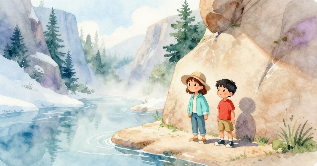 Viola 與 Theo 在晨霧中站在彎曲砂岩牆前,水淺光柔,兩人充滿期待地準備探索迴響的奧秘,環境靜謐而溫柔。