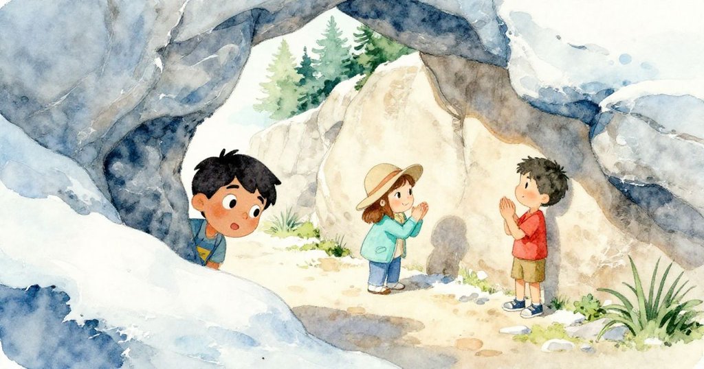 Theo 躲在岩石後偷看,目光好奇地望著站在彎曲牆前正拍手的 Viola,光影斑駁中展現自然環境細節。