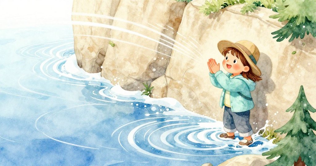 Viola 在砂岩彎牆前拍手,動感筆觸呈現聲波流動與水波蕩漾,充滿活力與美感,彰顯自然奇趣。