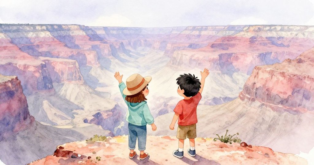 Viola 與 Theo 在砂岩峽谷邊緣揮手告別,背影中展現出悄然收場的冒險,溫柔光線映襯著遼闊風景與夕陽微光。