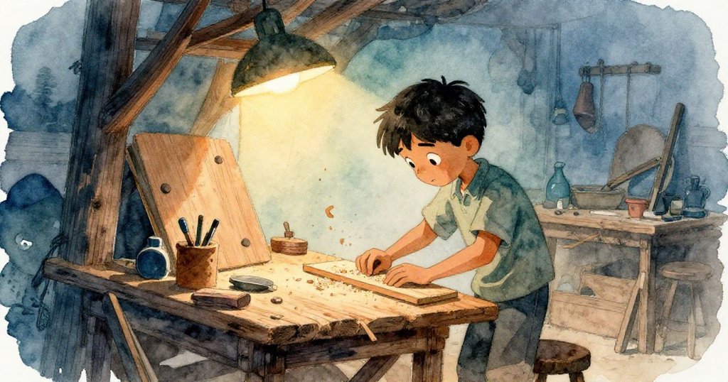 Trent在溫暖工作坊中安靜地拖動砂紙，細緻鋸末如雪花般飄落，背景顯示木材與柔和燈光，神情專注。